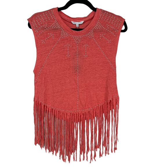 Rebecca Minkoff Gemini Fringe Beaded Linen Top Orange Women's XS NWT - Picture 1 of 9